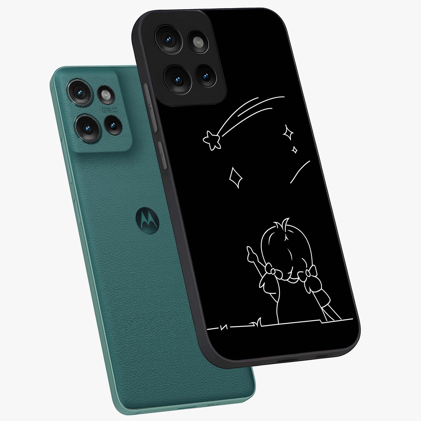 Line Art Girl With Shooting Stars Glass Case displayed in angled mockup highlighting elegant line art design with dreamy star aesthetic.
