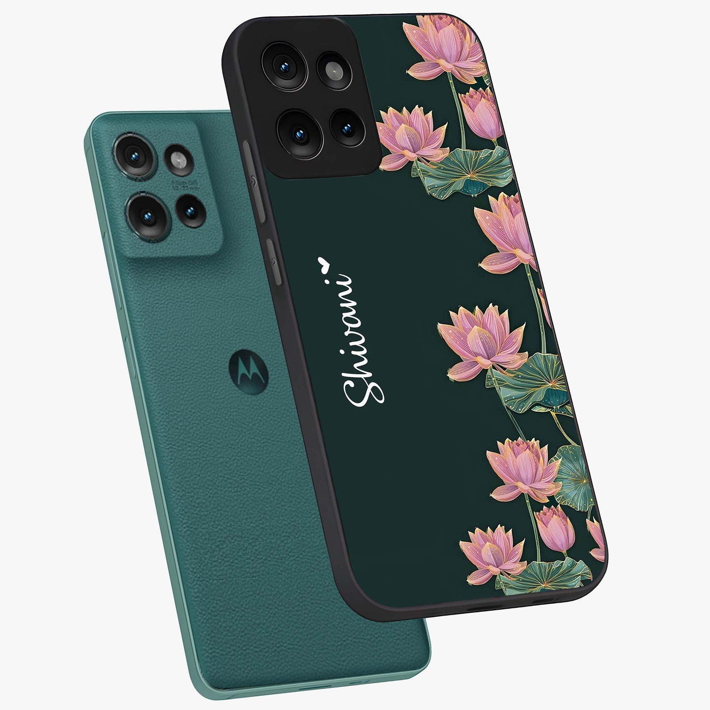 Lotus Bloom Serenity Custom Name Glass Case displayed in angled mockup highlighting graceful lotus illustration with custom name feature.