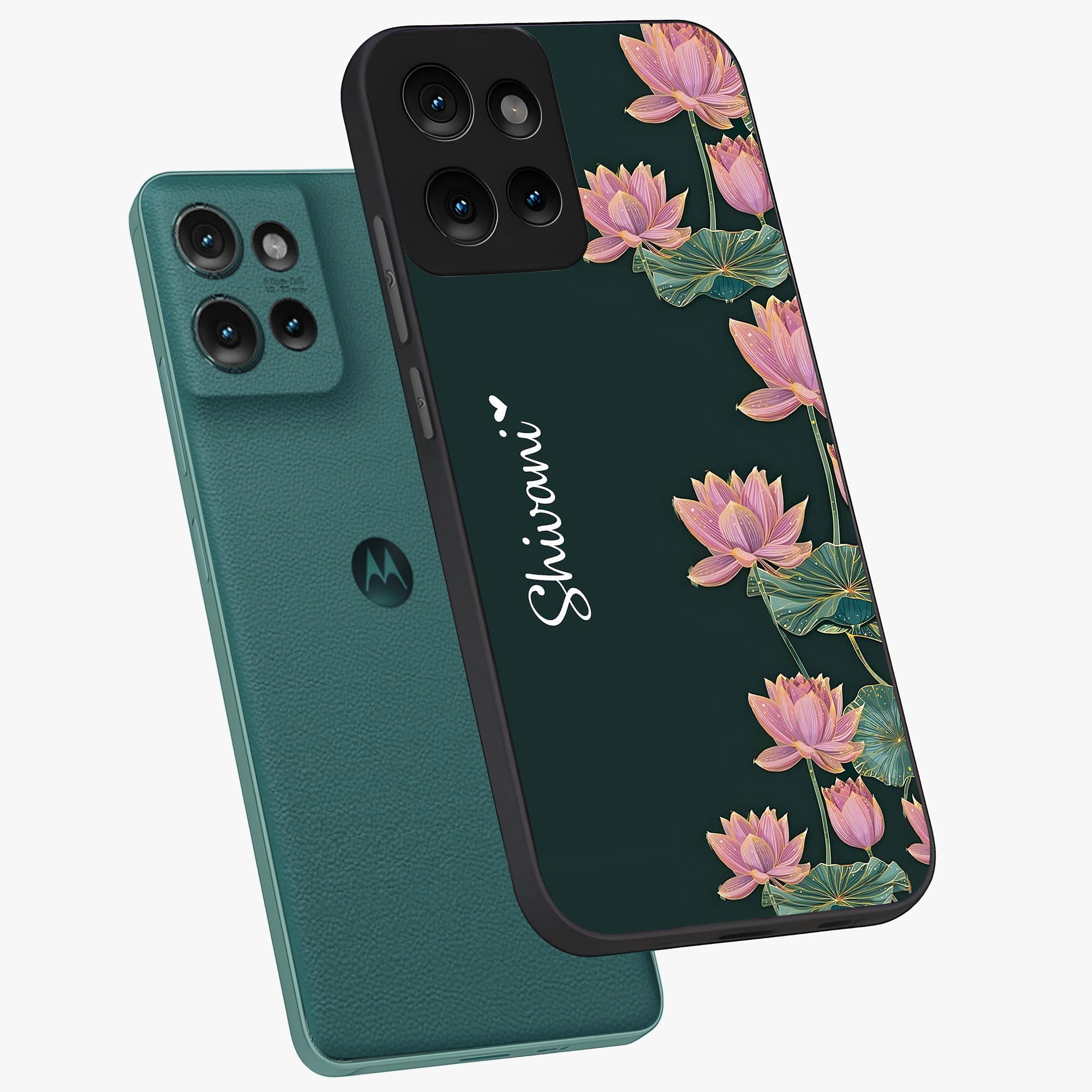Lotus Bloom Serenity Custom Name Glass Case displayed in angled mockup highlighting graceful lotus illustration with custom name feature.