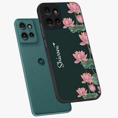 Lotus Bloom Serenity Custom Name Glass Case displayed in angled mockup highlighting graceful lotus illustration with custom name feature.