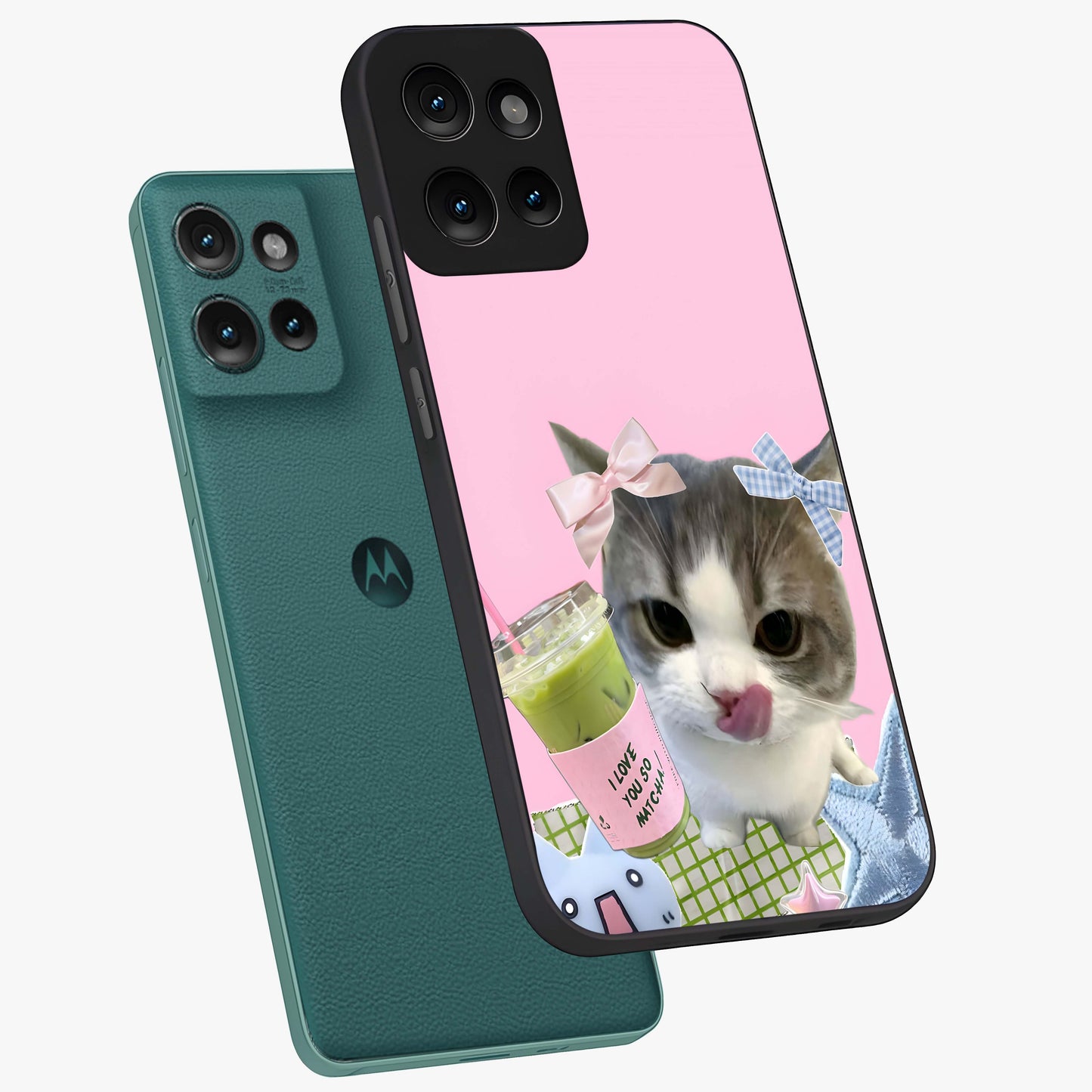 Love Matcha Cat Glass Case displayed in angled mockup highlighting playful feline illustration with cozy matcha aesthetic.