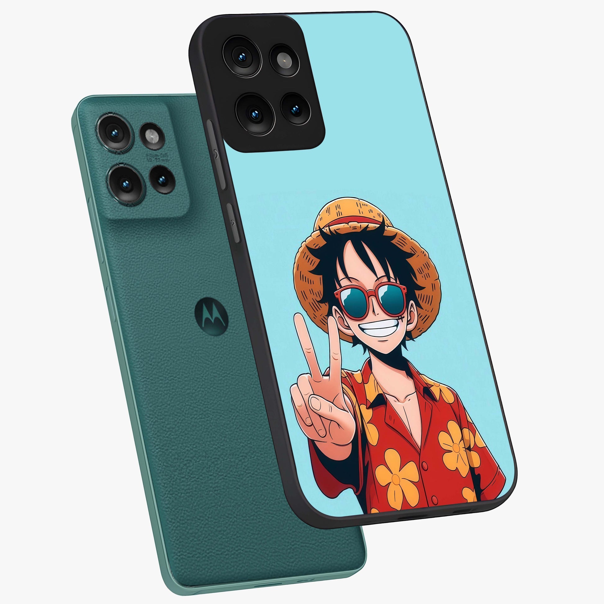 Luffy Summer Anime Vibe Glass Case displayed in angled mockup highlighting energetic anime illustration with summer vibe aesthetic.