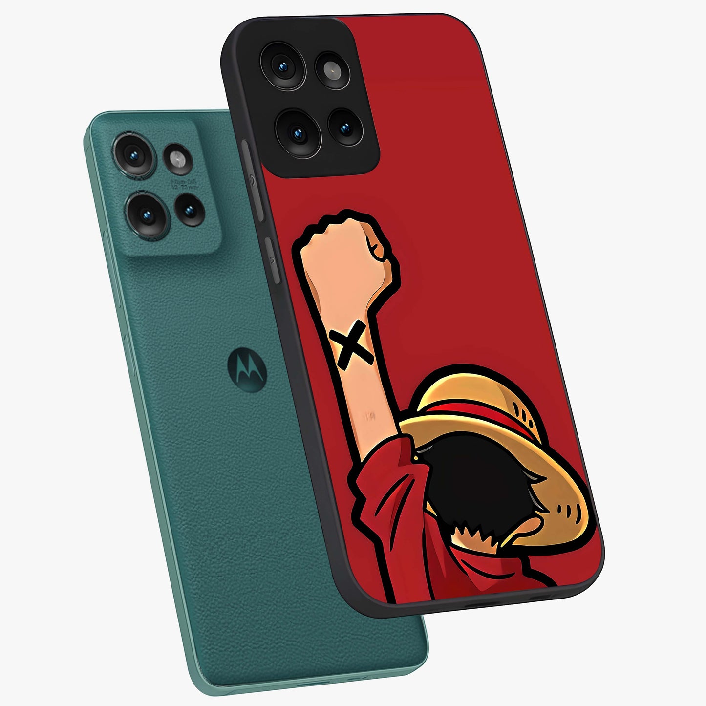 Luffy X Spirit Glass Case displayed in angled mockup highlighting powerful anime design with energetic action aesthetic.