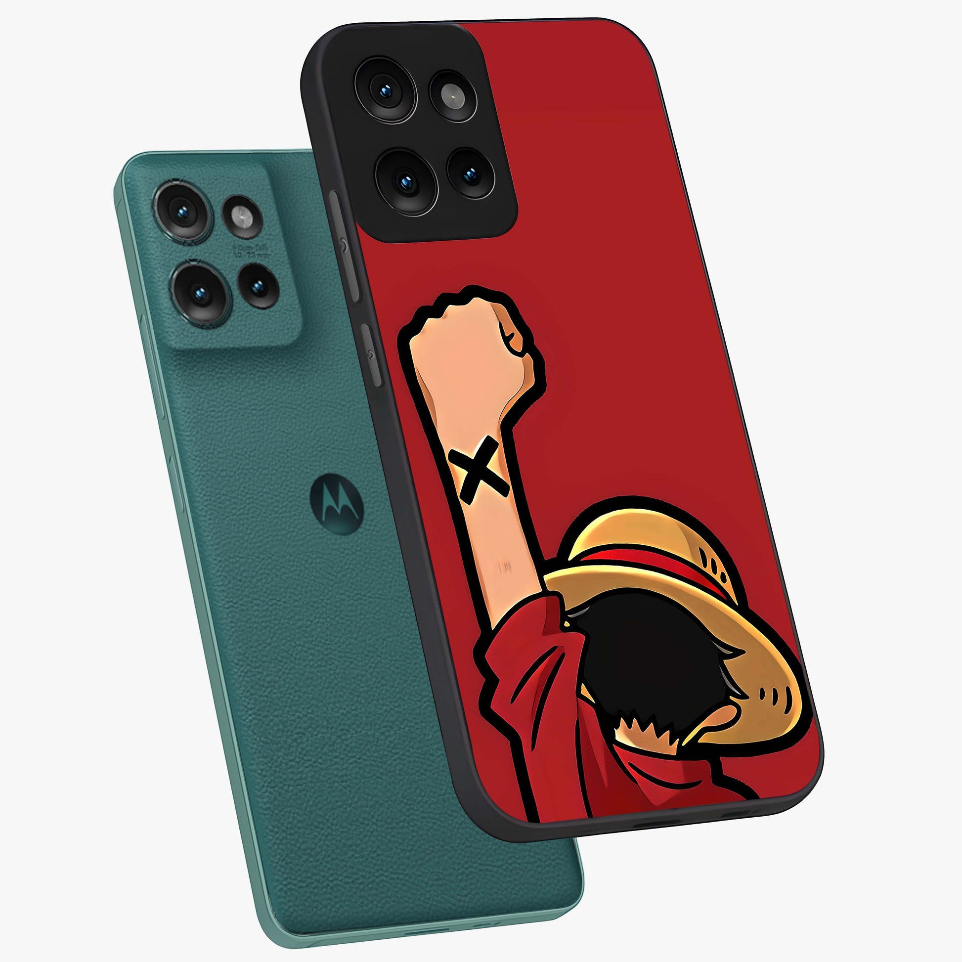 Luffy X Spirit Glass Case displayed in angled mockup highlighting powerful anime design with energetic action aesthetic.