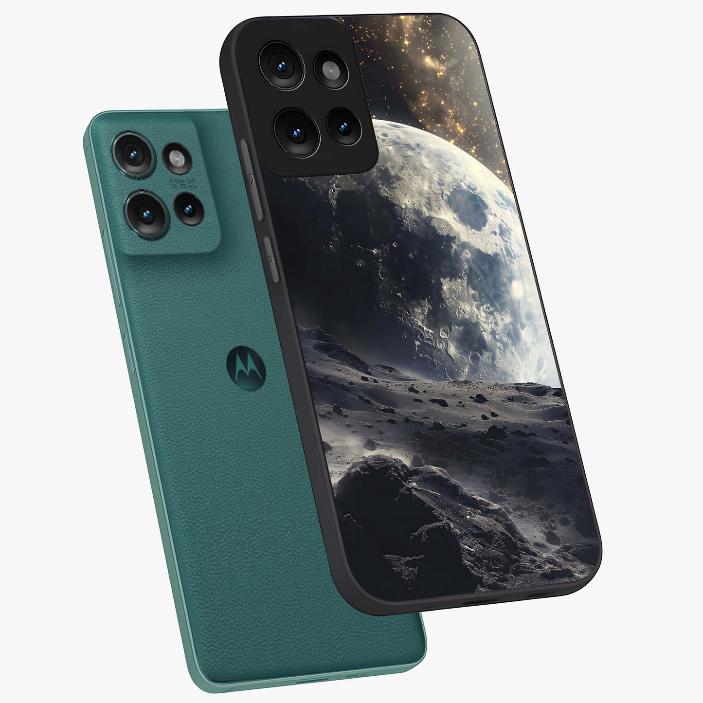 Lunar Horizon Glow Glass Case displayed in angled mockup highlighting celestial moon design with dreamy night aesthetic.