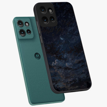 Lunar Veil Silence Glass Case displayed in angled mockup highlighting soft lunar design with peaceful celestial aesthetic.