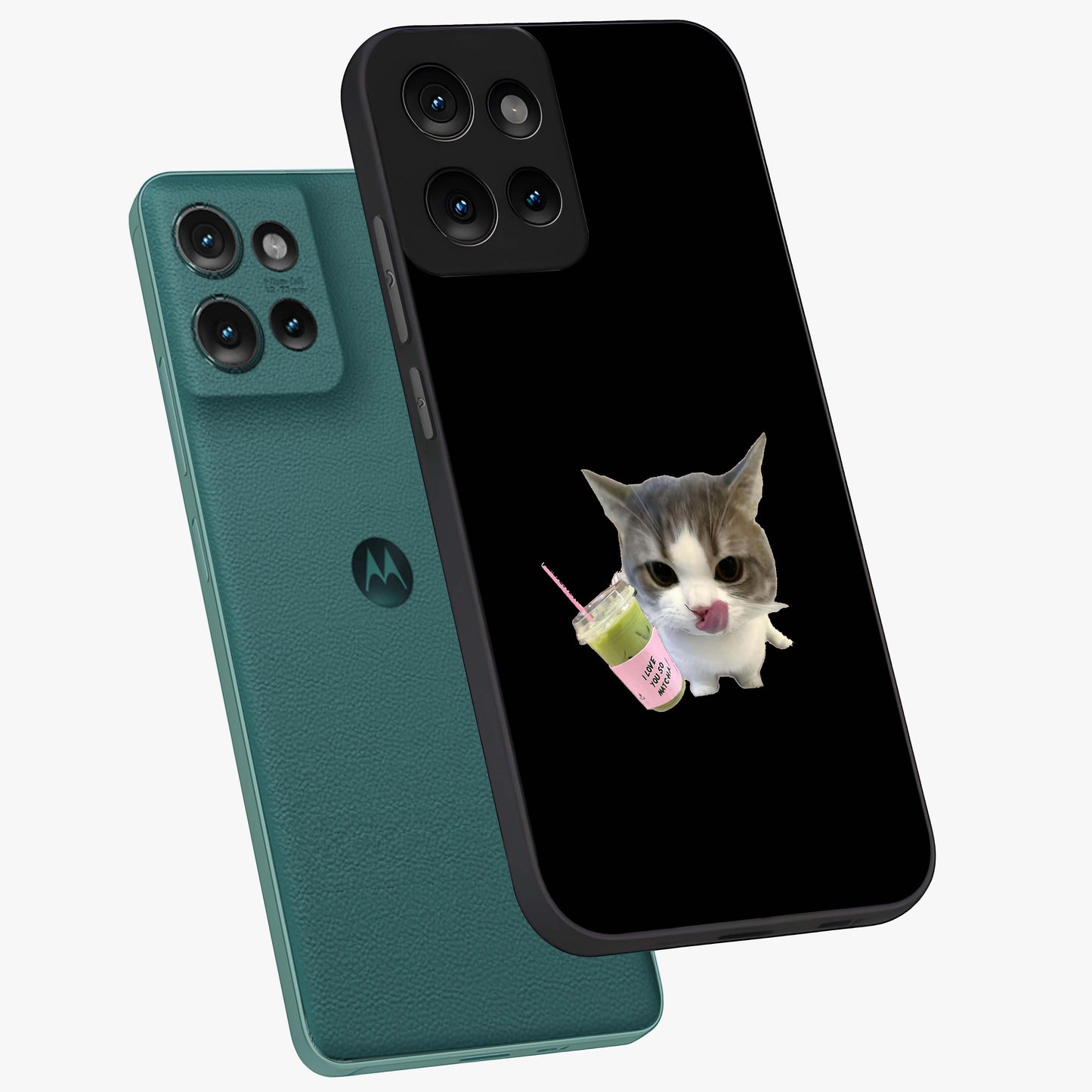 Matcha Cat Style Glass Case displayed in angled mockup highlighting playful feline design with pastel matcha aesthetic.
