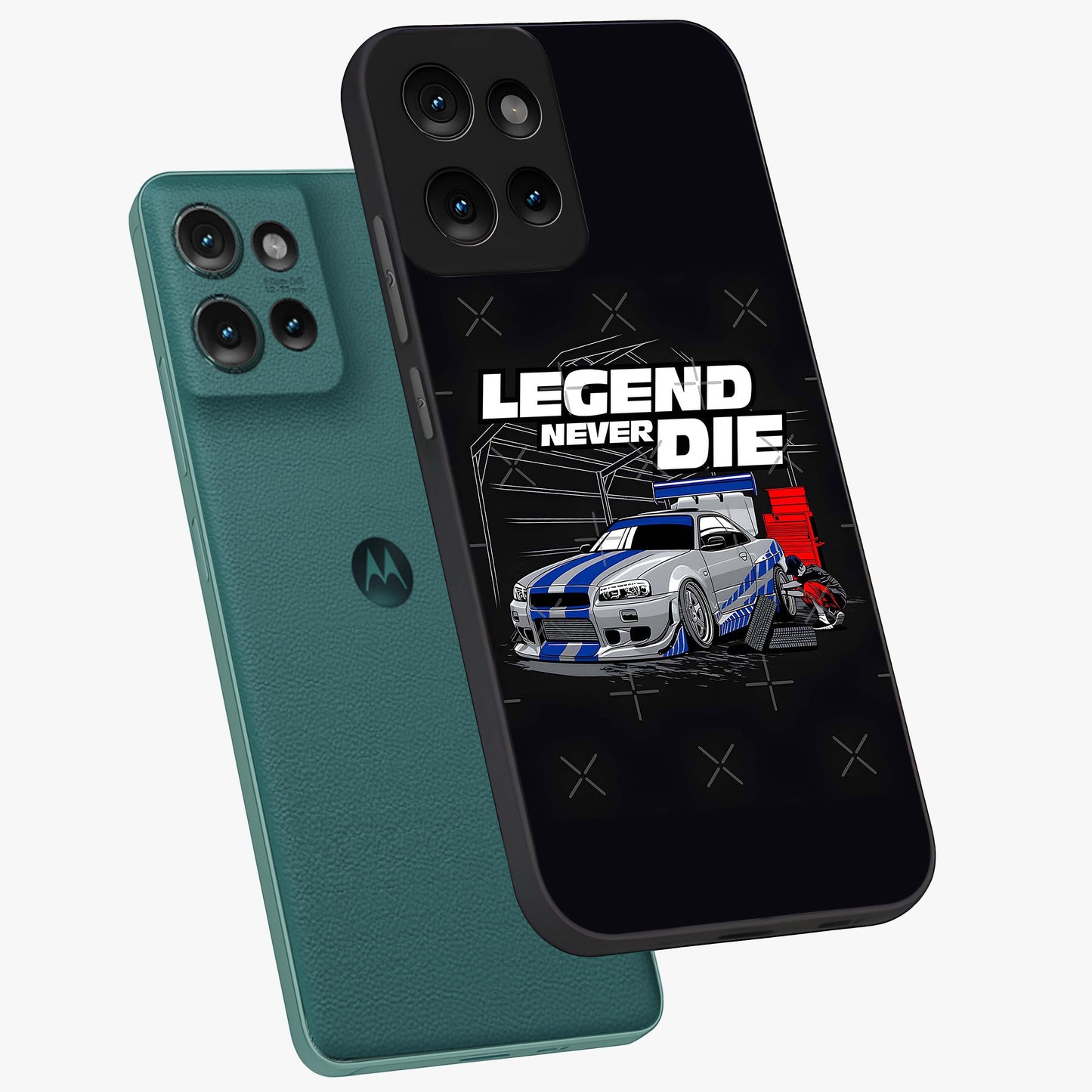Midnight Racing Legacy Glass Case displayed in angled mockup highlighting dynamic automotive design with bold midnight aesthetic.