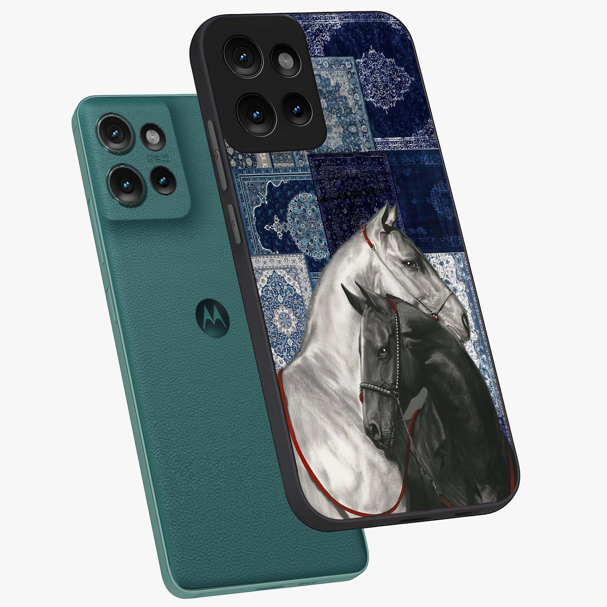 Midnight Stallion Blues Glass Case displayed in angled mockup highlighting powerful stallion illustration with deep midnight tones.