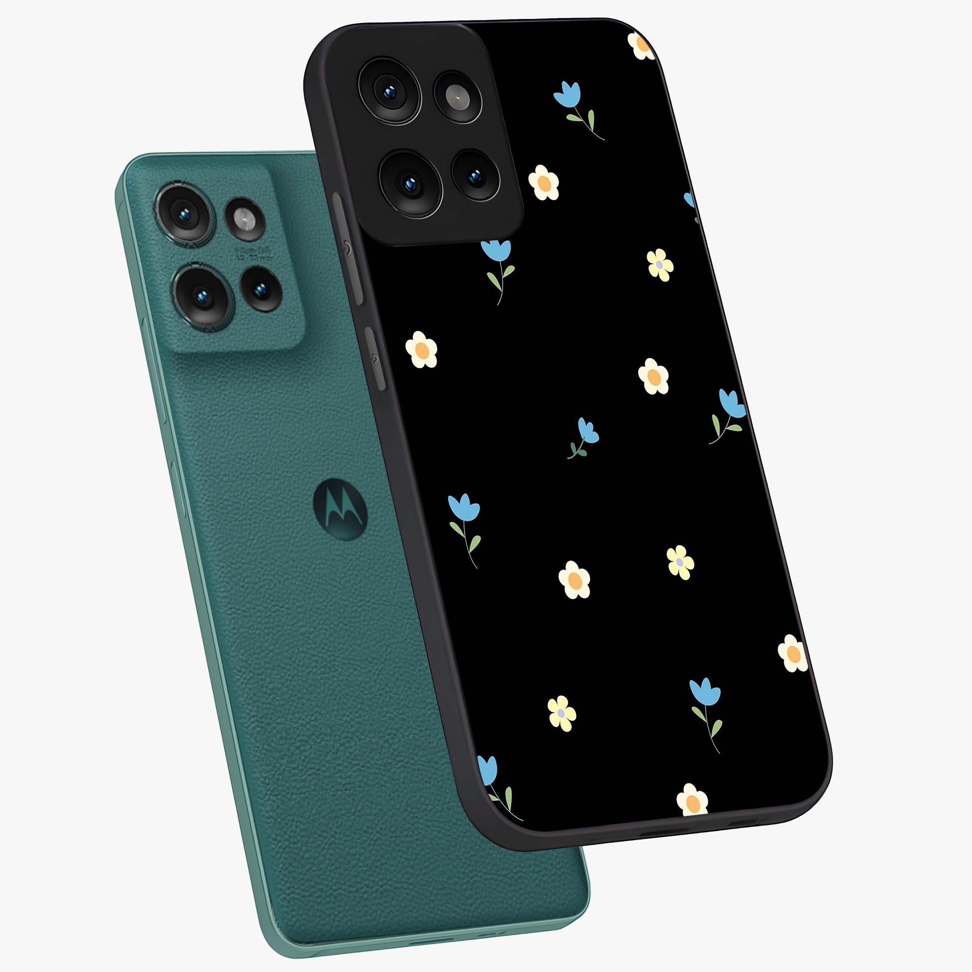 Minimal Petal Whispers Glass Case displayed in angled mockup highlighting delicate petal design with clean minimal aesthetic.