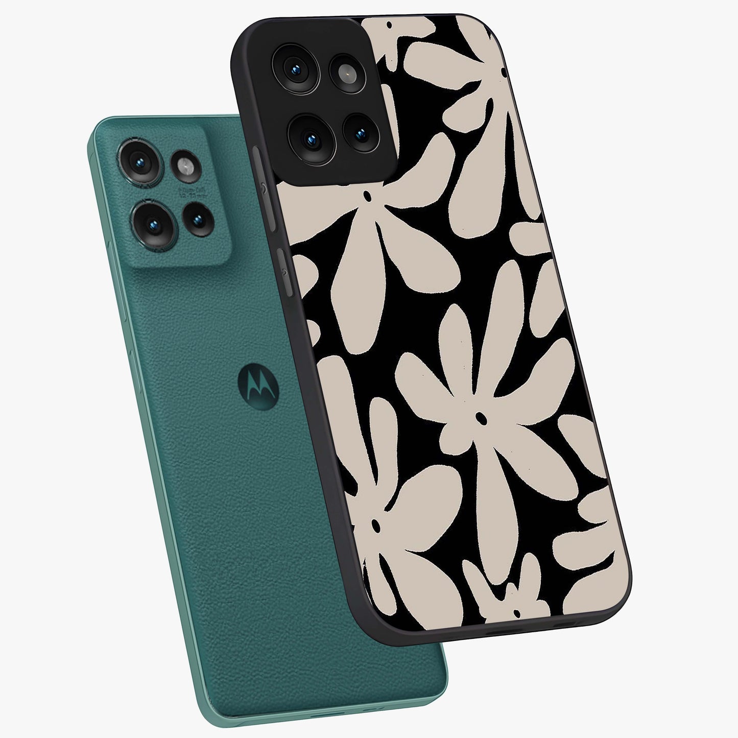 Monochrome Petal Dance Glass Case displayed in angled mockup highlighting elegant petal design with black and white aesthetic.