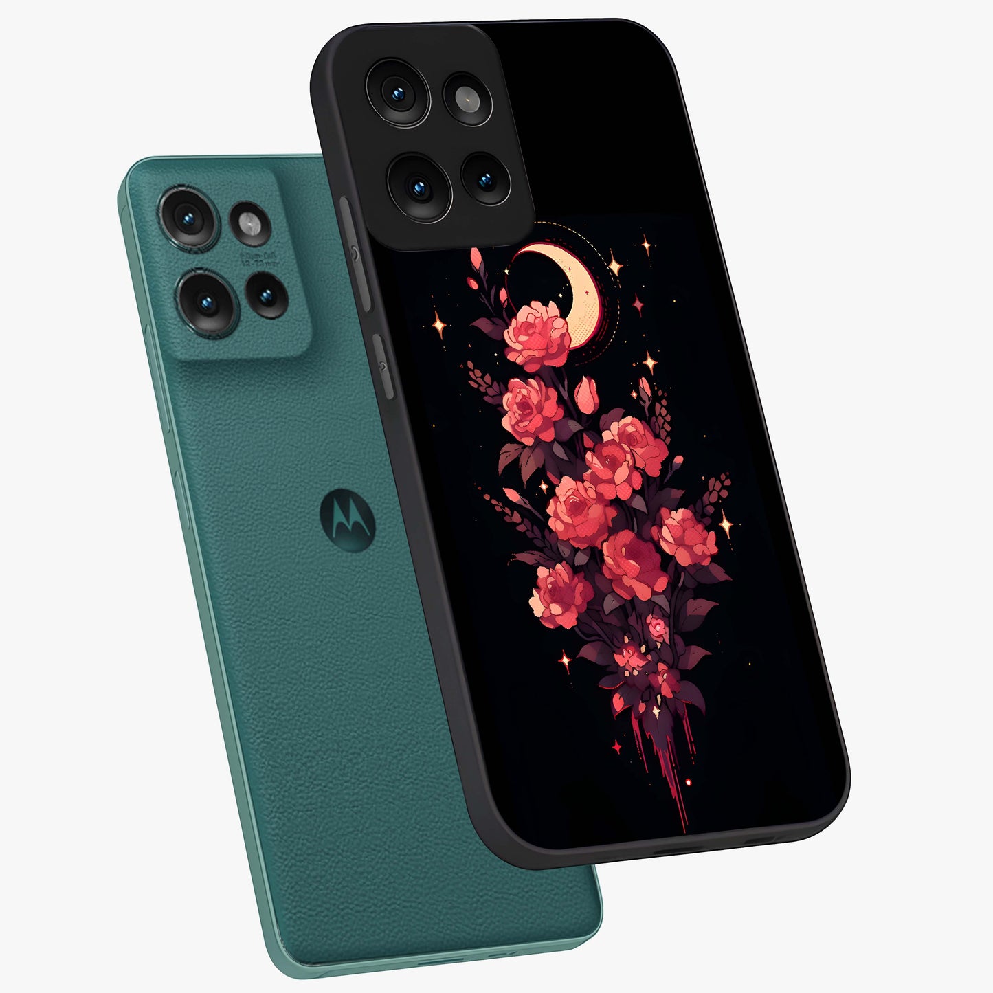 Moonlit Floral Elegance Glass Case displayed in angled mockup highlighting graceful flower design with soft moonlight aesthetic.