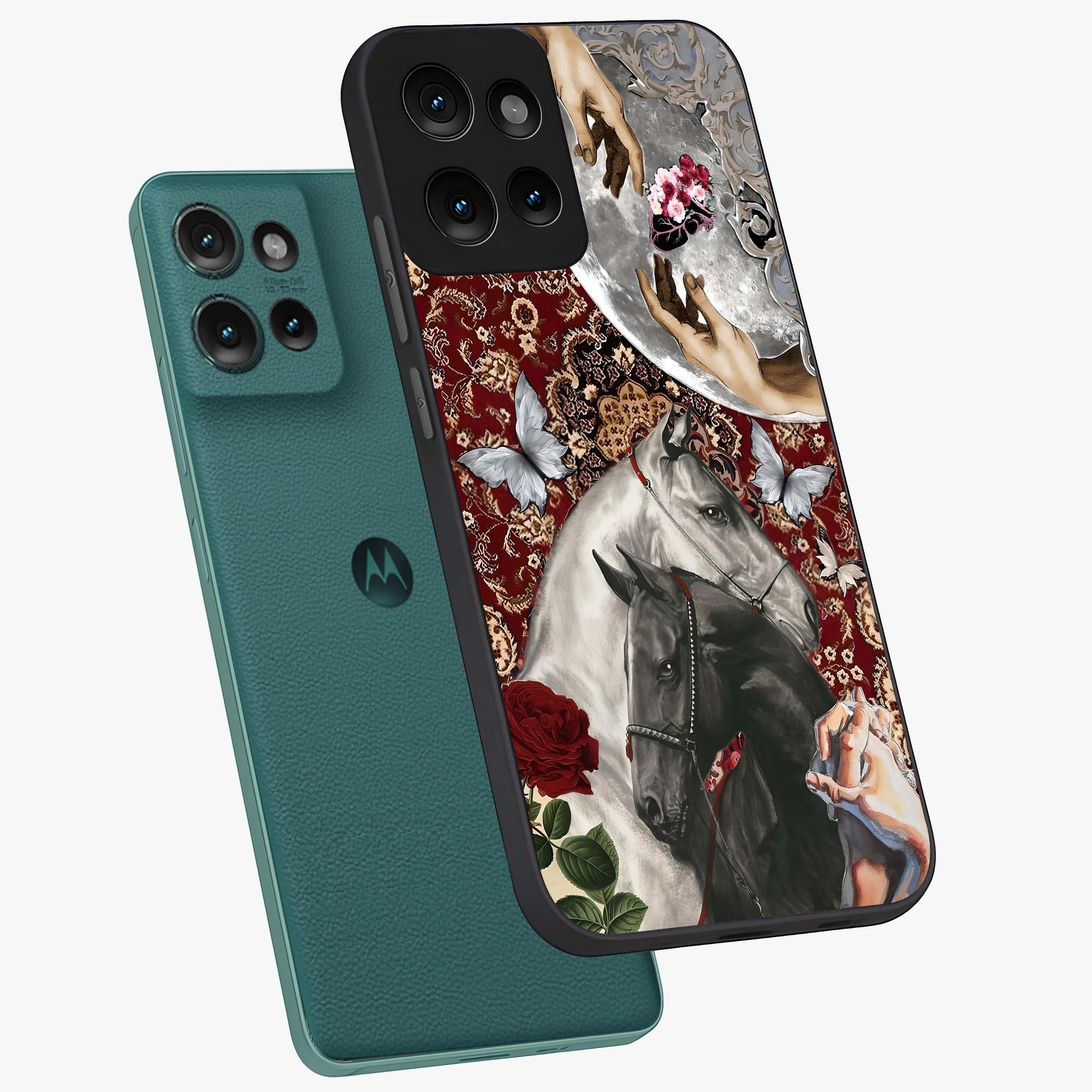 Moonlit Royal Stallion Glass Case displayed in angled mockup highlighting powerful stallion illustration with royal night aesthetic.