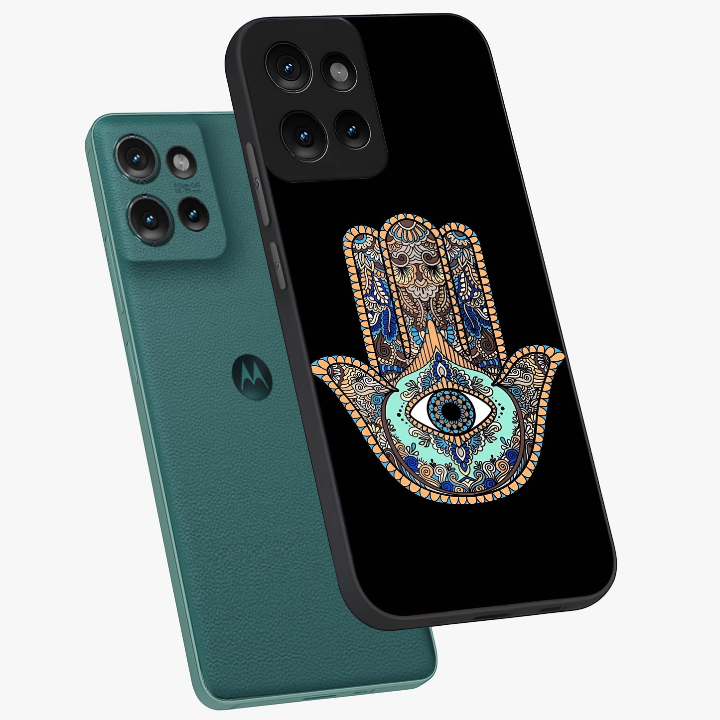 Mystic Hamsa Eye Glass Case displayed in angled mockup highlighting spiritual hamsa symbol with mystical aesthetic style.
