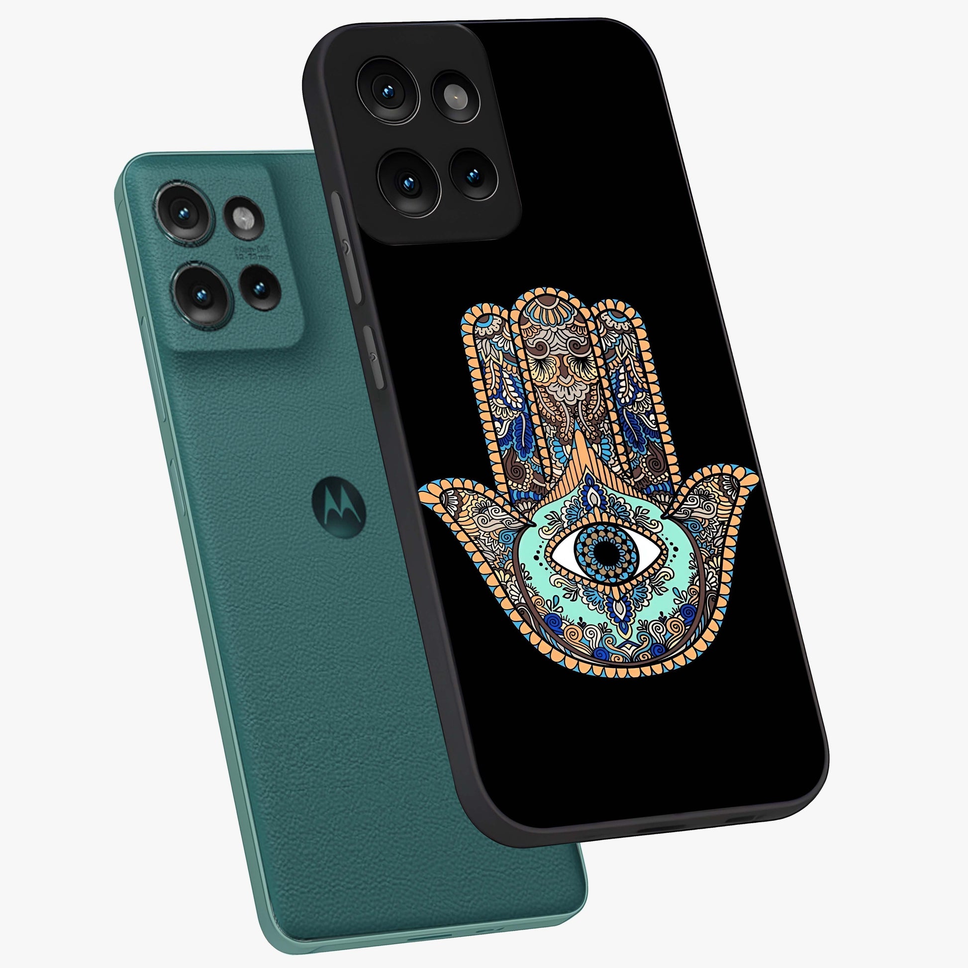 Mystic Hamsa Eye Glass Case displayed in angled mockup highlighting spiritual hamsa symbol with mystical aesthetic style.