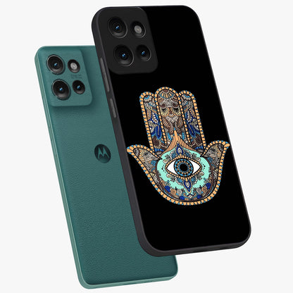 Mystic Hamsa Eye Glass Case displayed in angled mockup highlighting spiritual hamsa symbol with mystical aesthetic style.