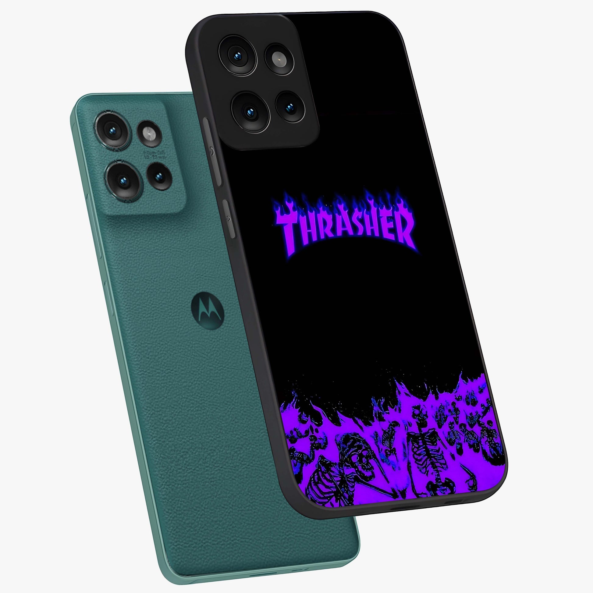 Neon Flame Riot Glass Case displayed in angled mockup highlighting glowing flame design with vibrant neon aesthetic.