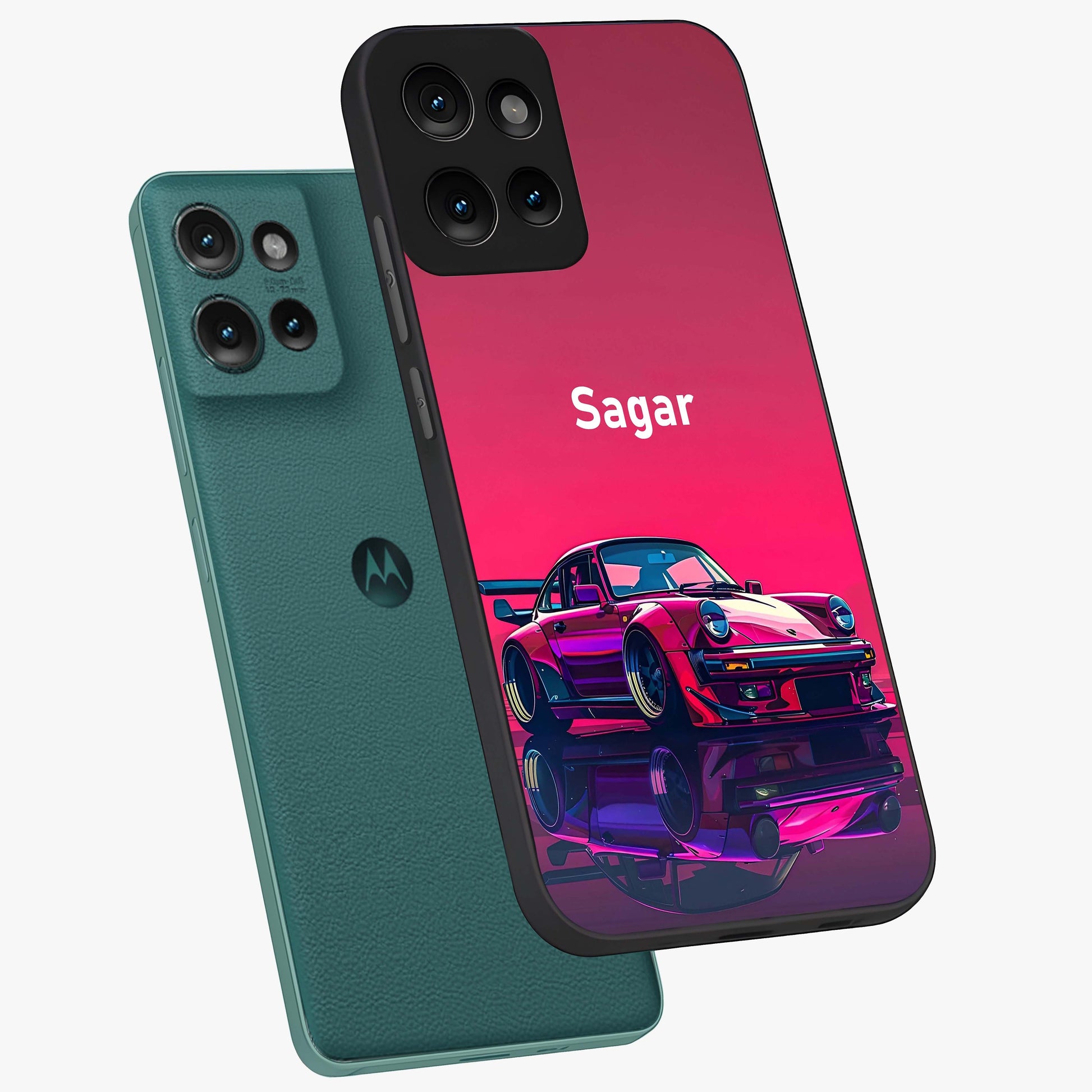 Neon Pink Porsche Glass Case displayed in angled mockup highlighting sleek neon pink car design with racing aesthetic.