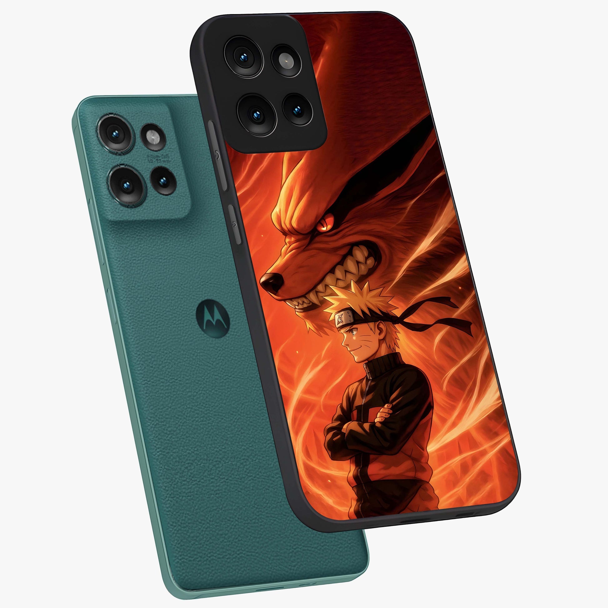 Nine Tails Legacy Glass Case displayed in angled mockup highlighting dynamic anime beast illustration with bold mystical aesthetic.