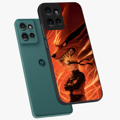 Nine Tails Legacy Glass Case displayed in angled mockup highlighting dynamic anime beast illustration with bold mystical aesthetic.
