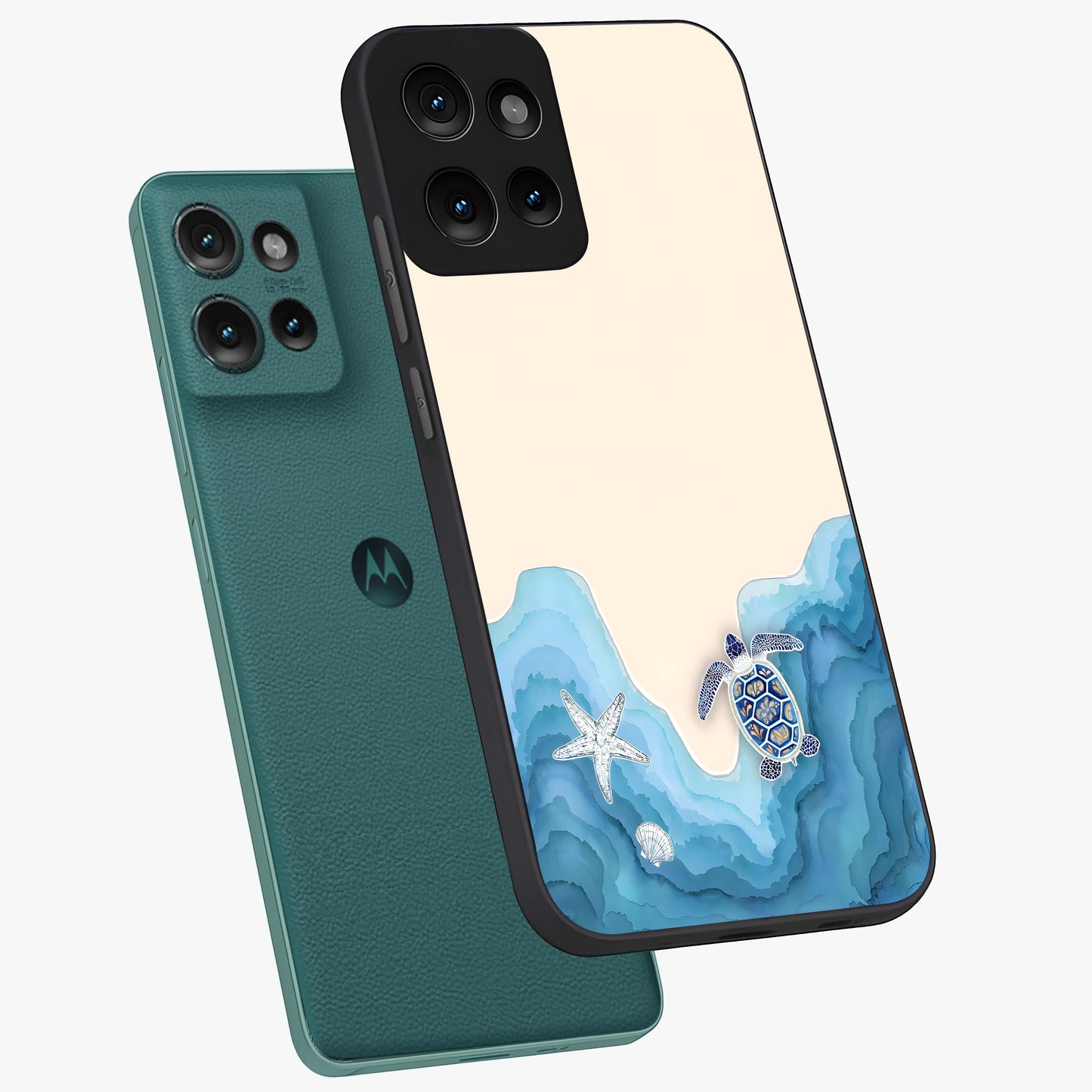 Ocean Drift Turtle Glass Case displayed in angled mockup highlighting peaceful ocean turtle illustration with marine aesthetic.