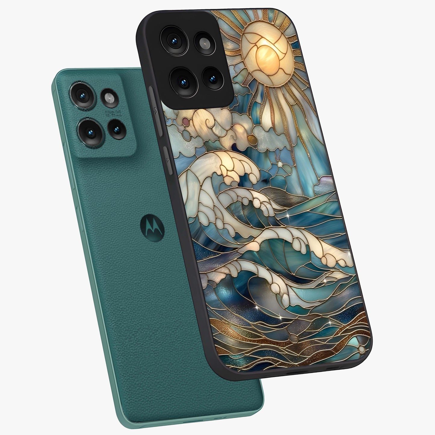 Oceanic Stained Printed Glass Case displayed in angled mockup highlighting colorful aquatic design with artistic aesthetic style.