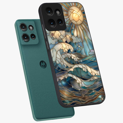 Oceanic Stained Printed Glass Case displayed in angled mockup highlighting colorful aquatic design with artistic aesthetic style.