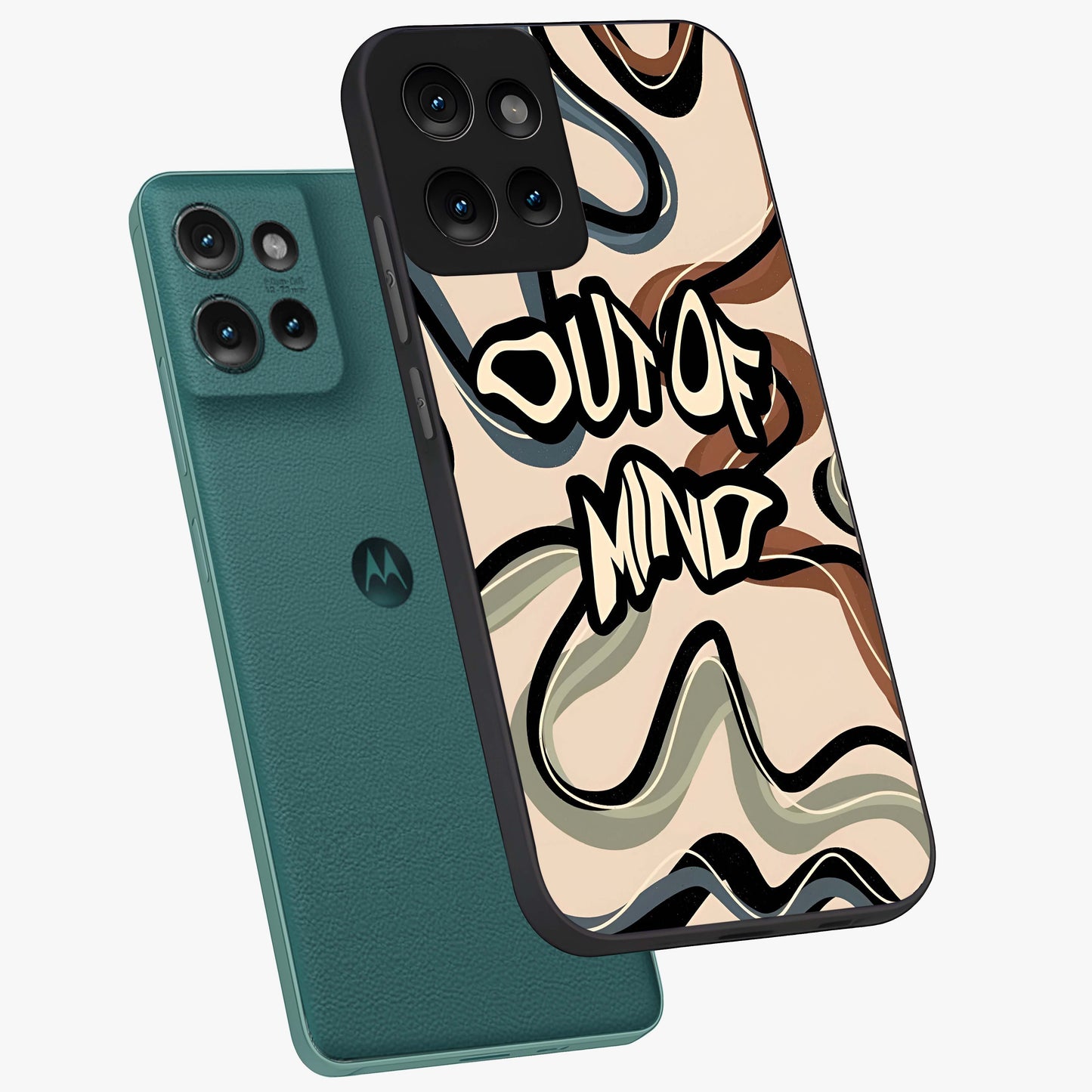Out Of Mind Glass Case displayed in angled mockup highlighting bold statement design with modern artistic aesthetic.