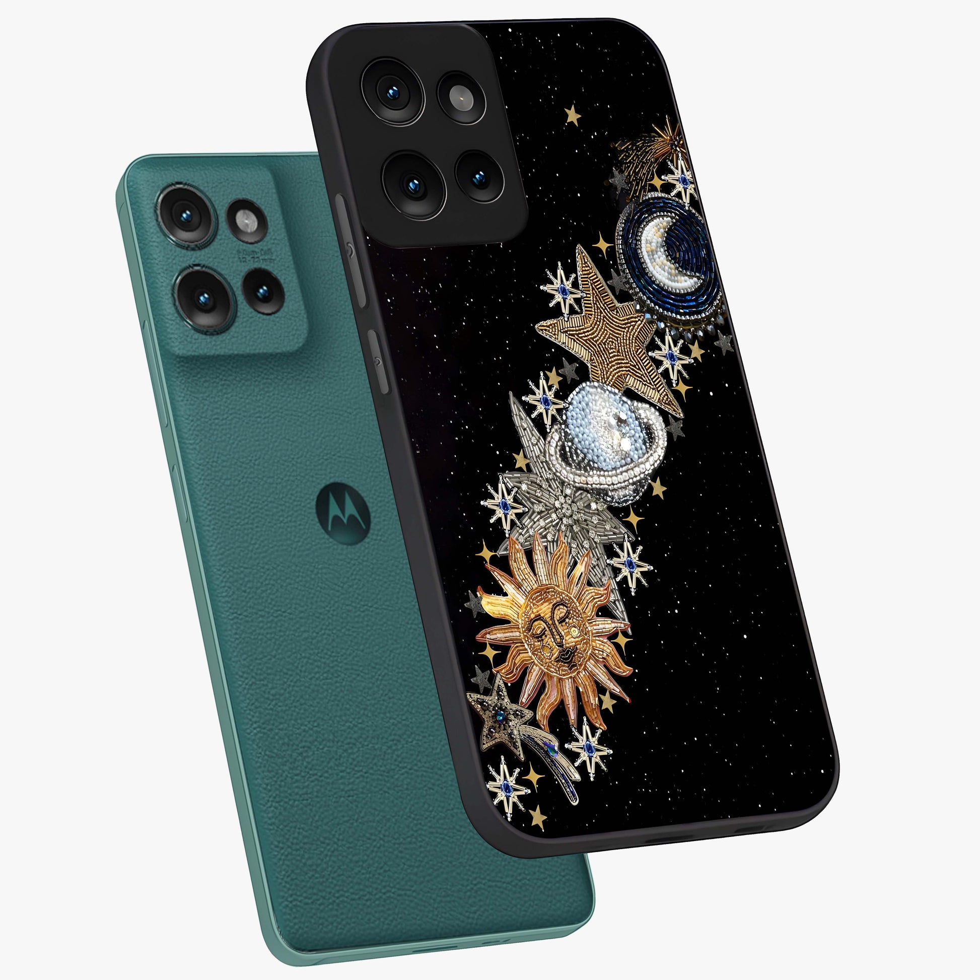 Pearls Universe Object Glass Case displayed in angled mockup highlighting celestial pearl design with dreamy aesthetic.