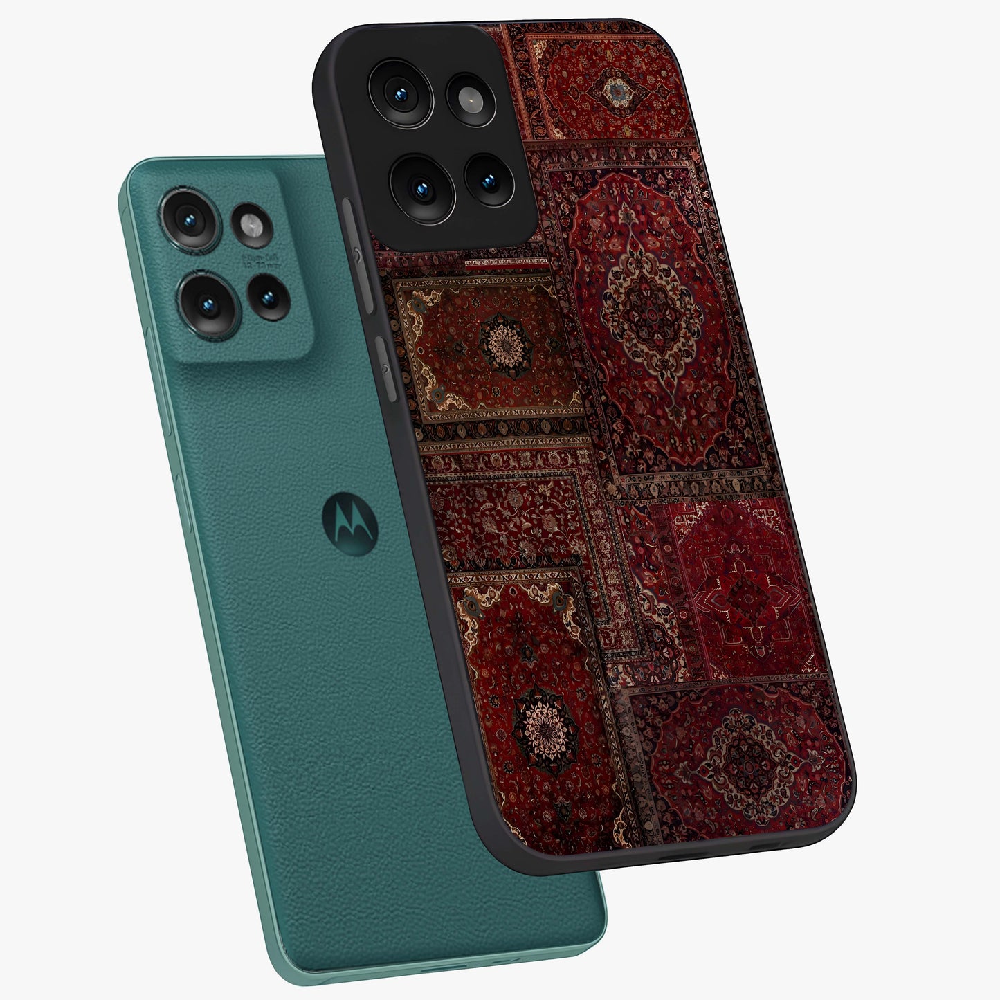 Persian Velvet Tale Glass Case displayed in angled mockup highlighting ornate textile inspired design with royal aesthetic.