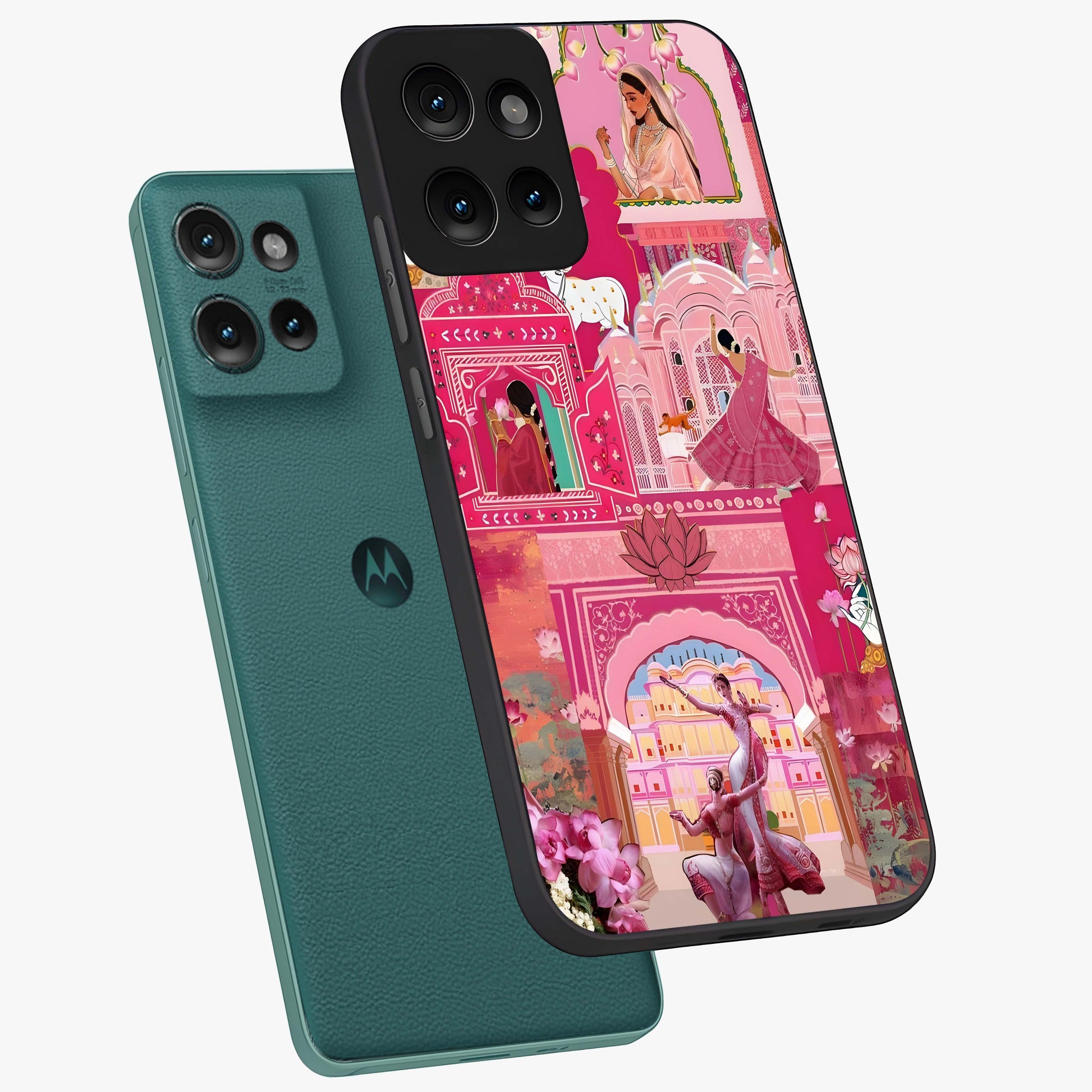 Pink Palace Muse Glass Case displayed in angled mockup highlighting dreamy palace illustration with soft pink aesthetic.