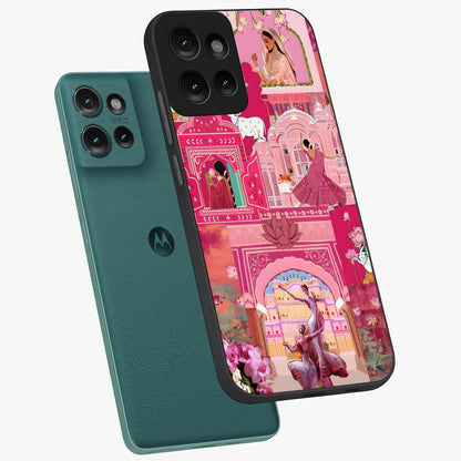 Pink Palace Muse Glass Case displayed in angled mockup highlighting dreamy palace illustration with soft pink aesthetic.
