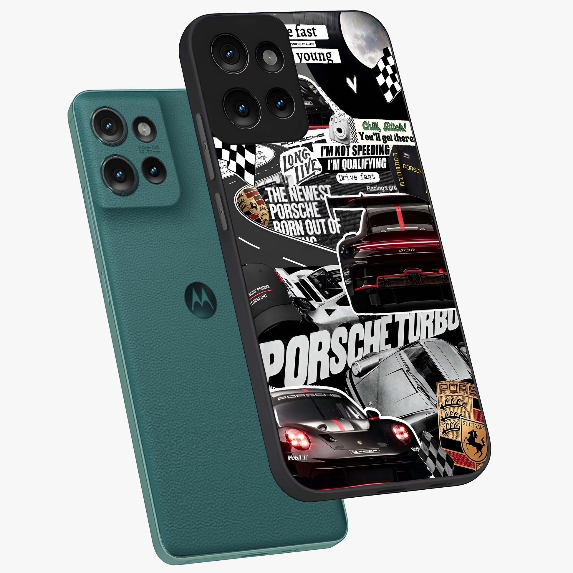 Porsche Racing Collage Glass Case displayed in angled mockup highlighting dynamic automotive design with bold racing aesthetic.