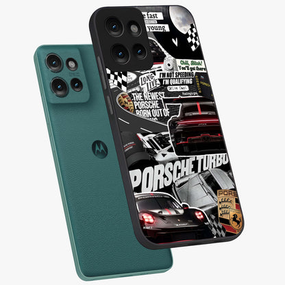 Porsche Racing Collage Glass Case displayed in angled mockup highlighting dynamic automotive design with bold racing aesthetic.