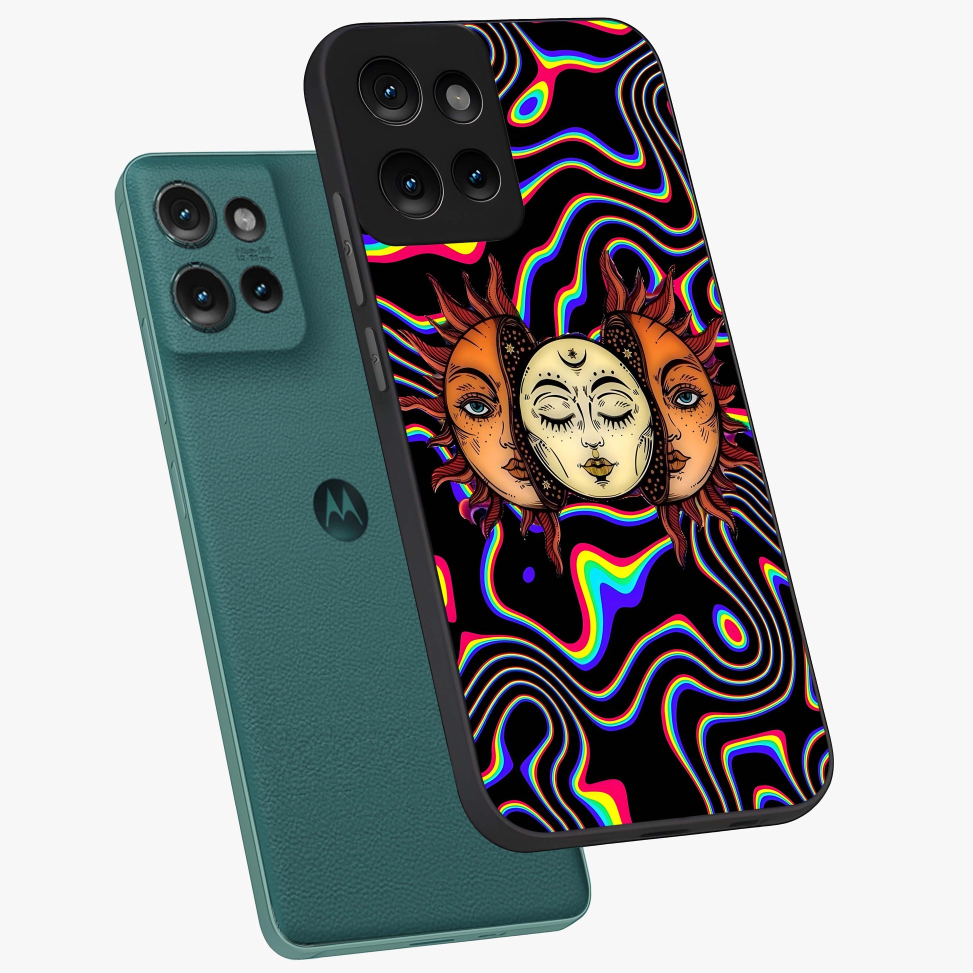 Psychedelic Sun Glass Case displayed in angled mockup highlighting vibrant abstract sun design with artistic aesthetic style.