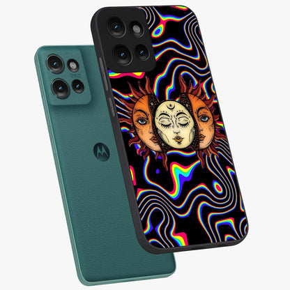 Psychedelic Sun Glass Case displayed in angled mockup highlighting vibrant abstract sun design with artistic aesthetic style.