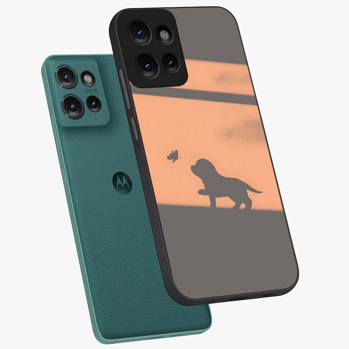 Puppy Shadow Art Glass Case displayed in angled mockup highlighting playful dog illustration with artistic shadow aesthetic.