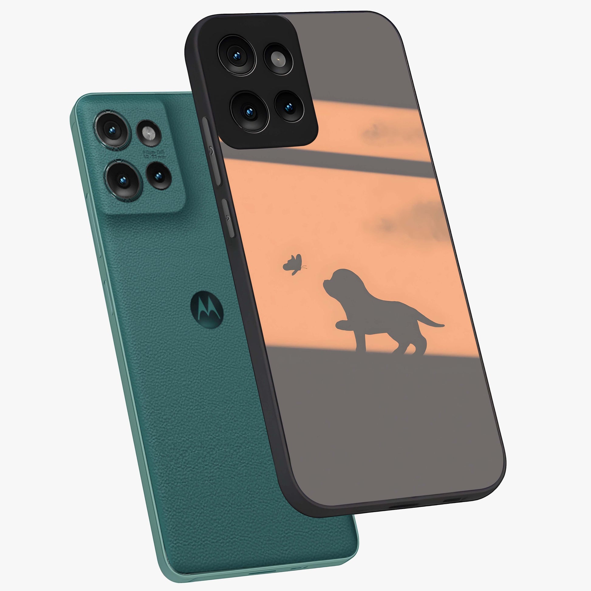 Puppy Shadow Art Glass Case displayed in angled mockup highlighting playful dog illustration with artistic shadow aesthetic.