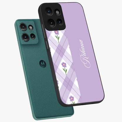 Purple Diamond Floral Glass Case displayed in angled mockup highlighting elegant purple flower design with decorative pattern.