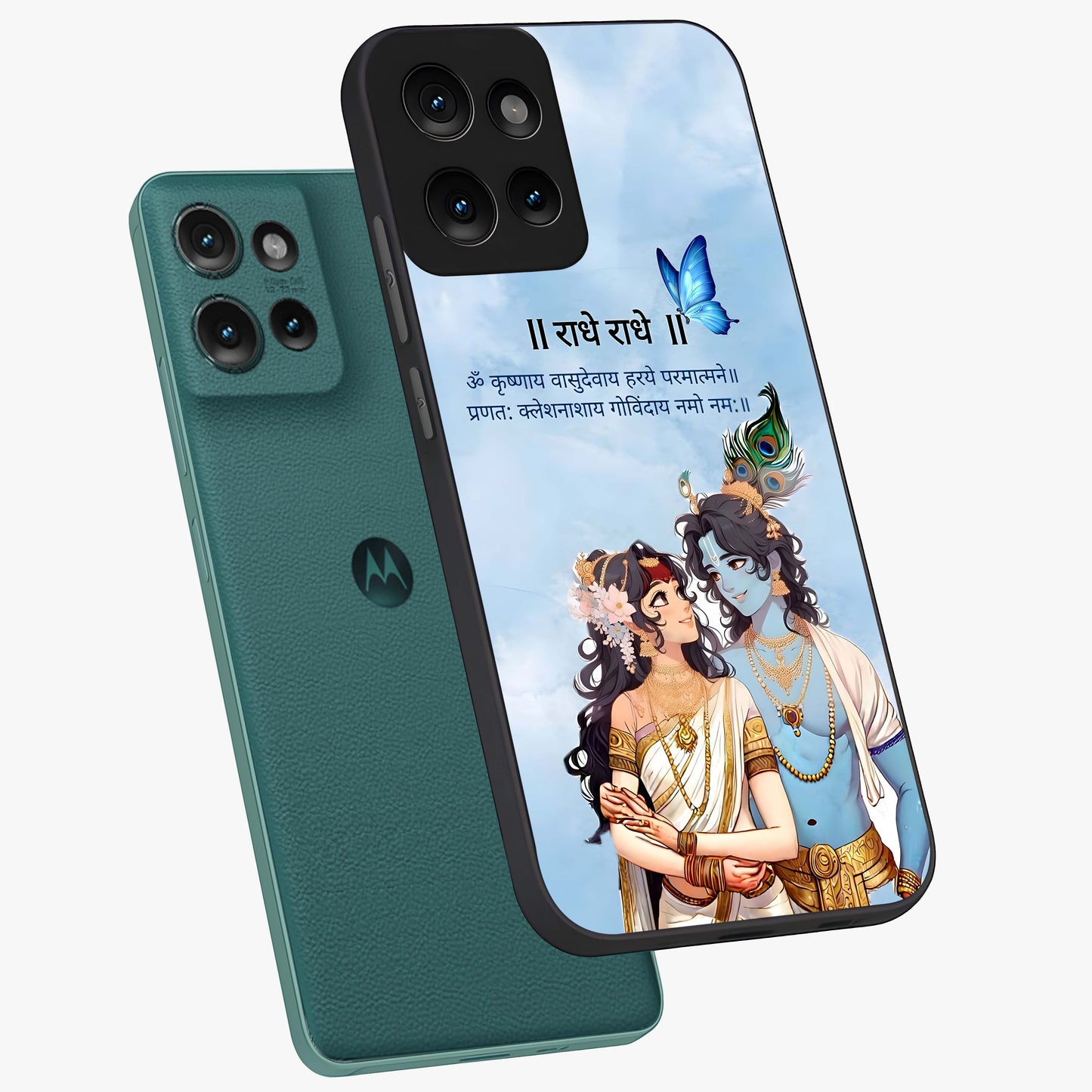 Radha Krishna Eternal Glass Case displayed in angled mockup highlighting divine Radha Krishna illustration with spiritual aesthetic.