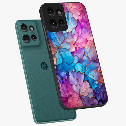 Radiant Floral Whirl Glass Case displayed in angled mockup highlighting vibrant flower pattern with dynamic artistic aesthetic.