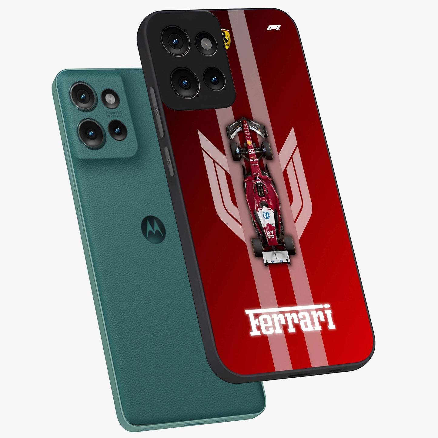 Red Ferrari F1 Vertical Glass Case displayed in angled mockup highlighting high speed racing design with bold automotive aesthetic.