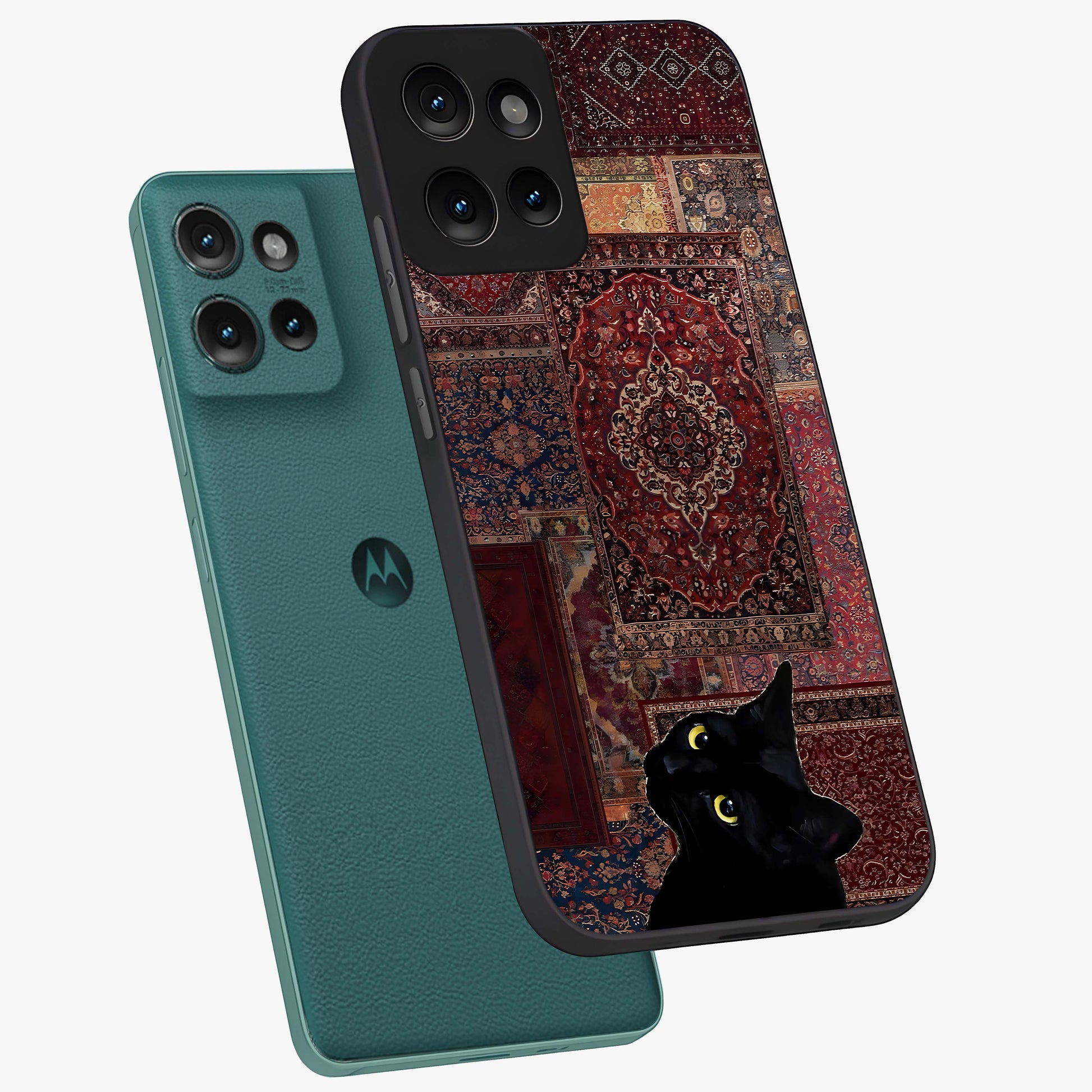 Regal Magic Cat Apple Glass Case displayed in angled mockup highlighting whimsical feline design with fantasy aesthetic.