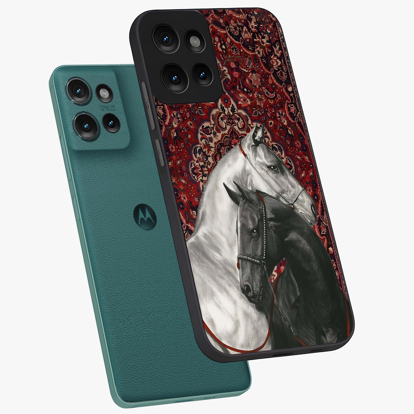 Regal Stallion Tapestry Glass Case displayed in angled mockup highlighting royal stallion design with decorative heritage aesthetic.