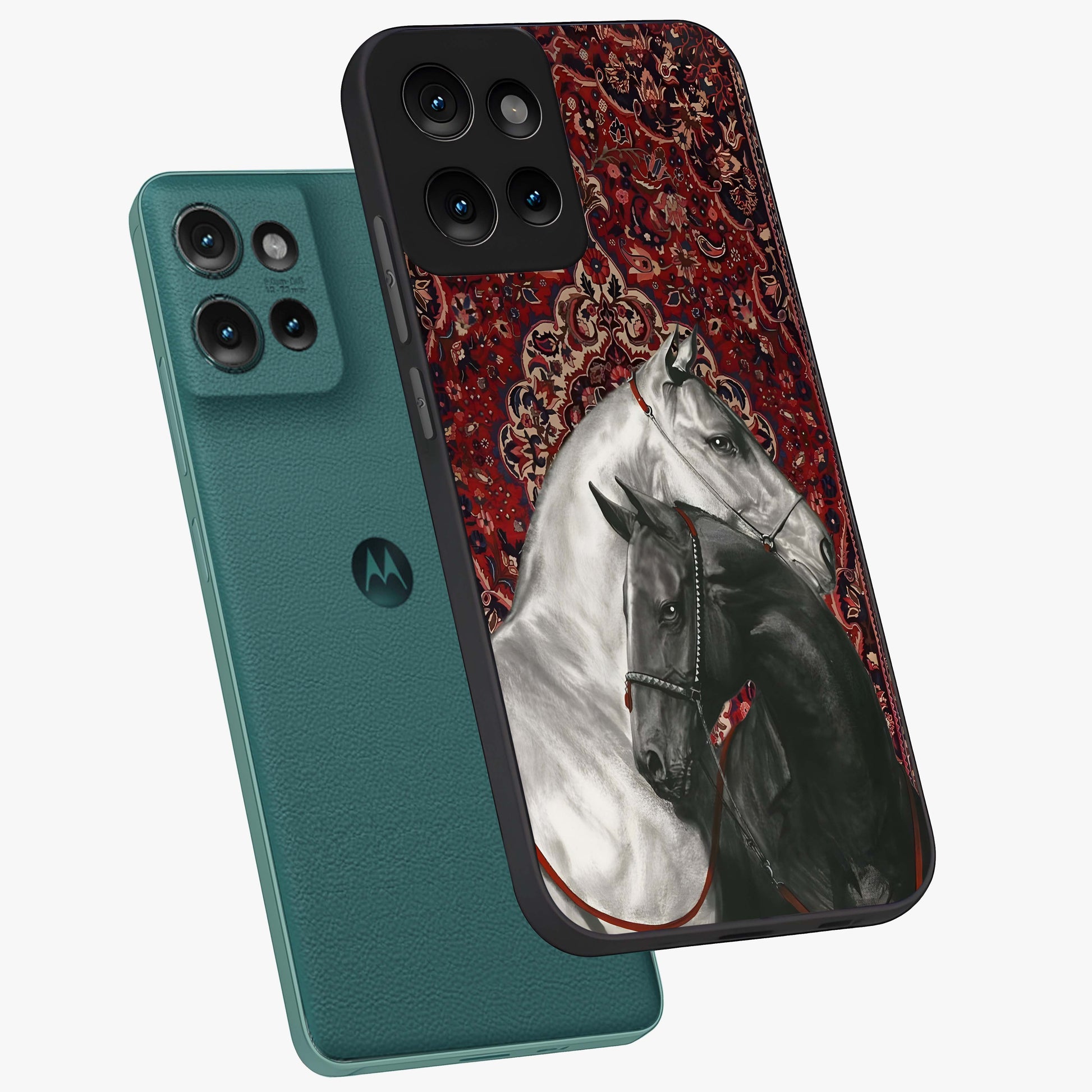 Regal Stallion Tapestry Glass Case displayed in angled mockup highlighting royal stallion design with decorative heritage aesthetic.