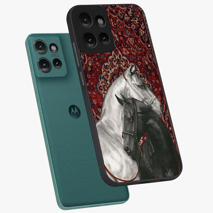 Regal Stallion Tapestry Glass Case displayed in angled mockup highlighting royal stallion design with decorative heritage aesthetic.