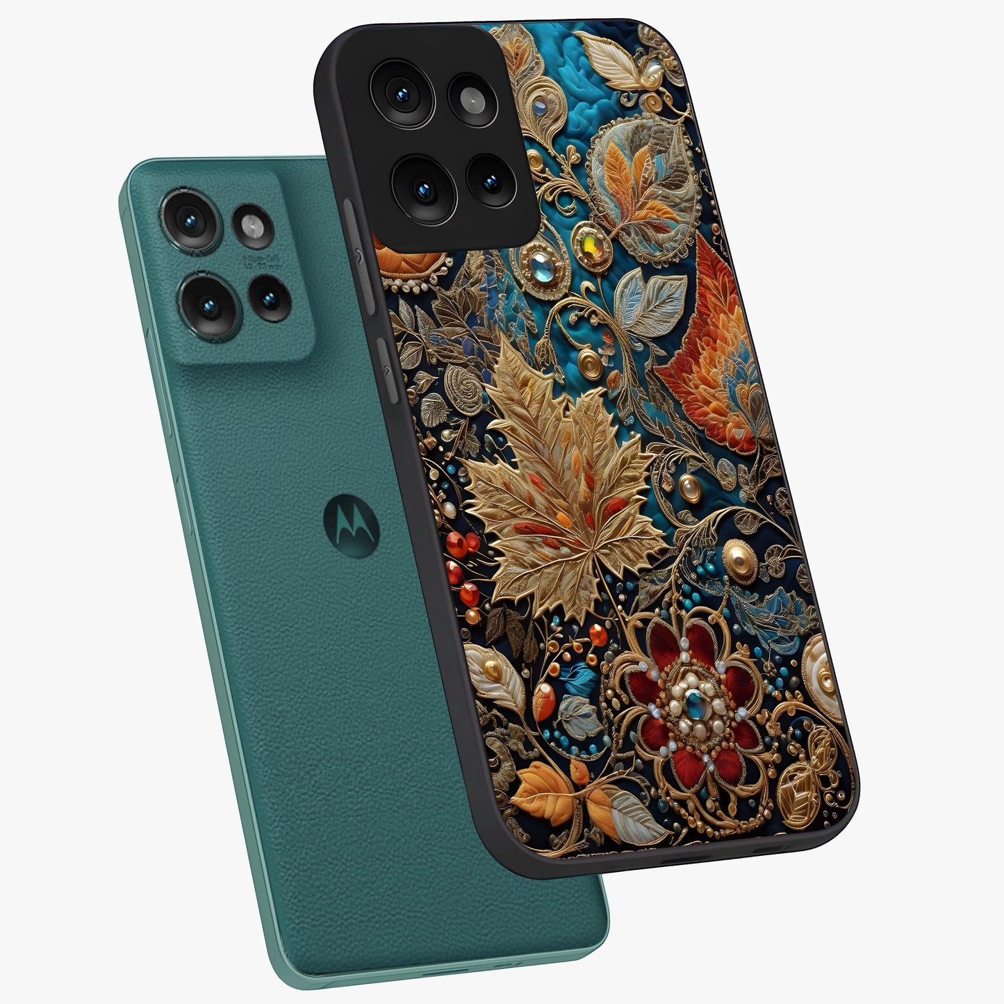 Royal Jewel Garden Glass Case displayed in angled mockup highlighting vibrant jewel inspired floral design with elegant aesthetic.