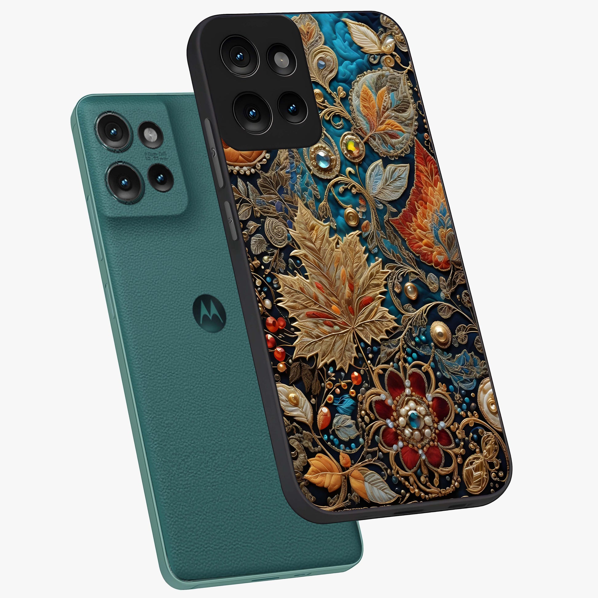 Royal Jewel Garden Glass Case displayed in angled mockup highlighting vibrant jewel inspired floral design with elegant aesthetic.