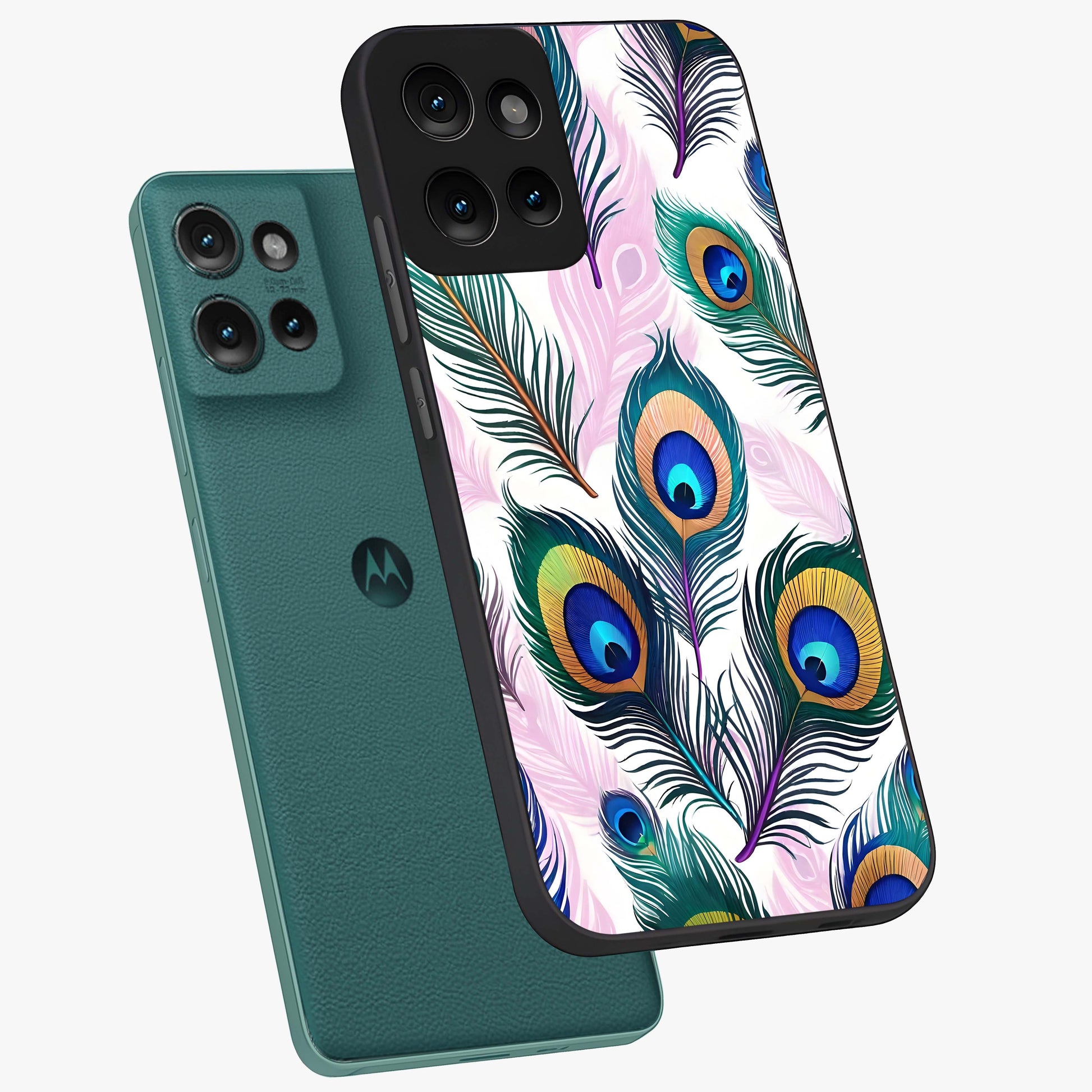 Royal Peacock Feathers Glass Case displayed in angled mockup highlighting vibrant feather pattern with regal aesthetic style.