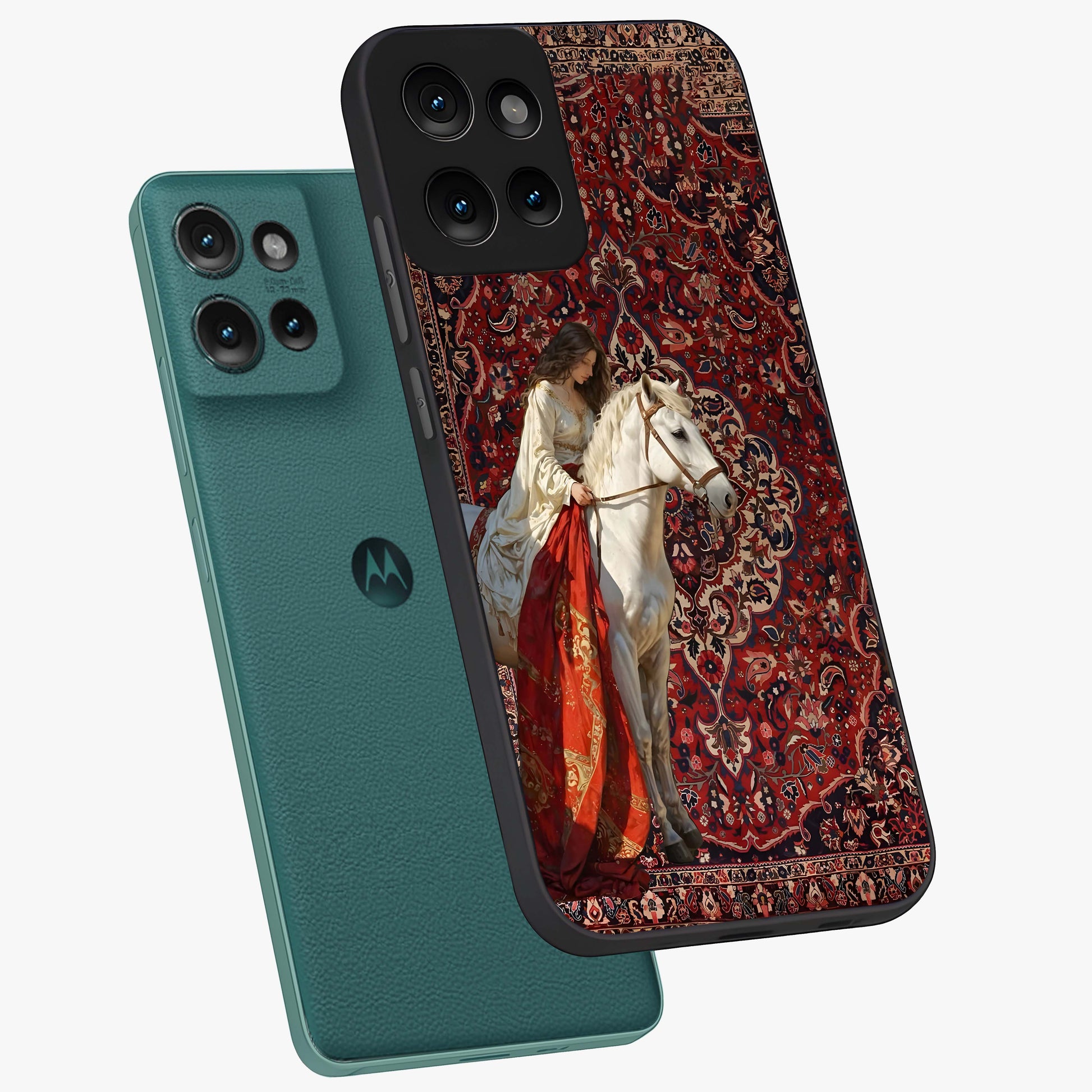 Royal Rider Tapestry Glass Case displayed in angled mockup highlighting traditional tapestry design with royal heritage aesthetic.